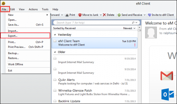 2: Export eM Client to Outlook 2016