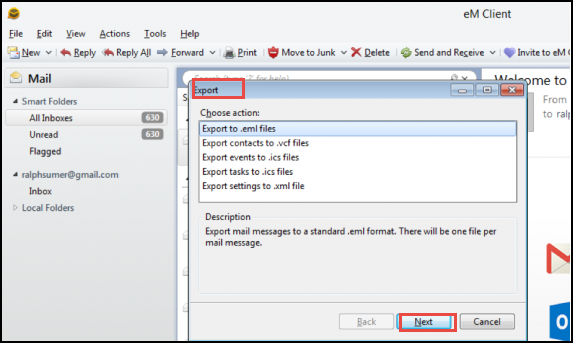 3: Export eM Client to Outlook 2013