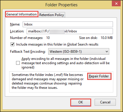 Repair Folder to Fix Thunderbird unable to open the summary file for inbox