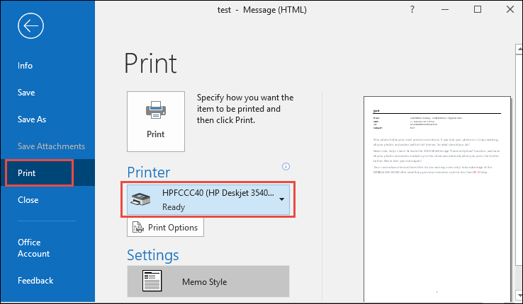 Go to file tab and choose Print option