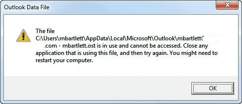 outlook is in use and cannot be accessed