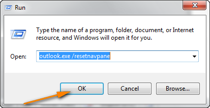 Run Box outlook.exe /resetnavpane command