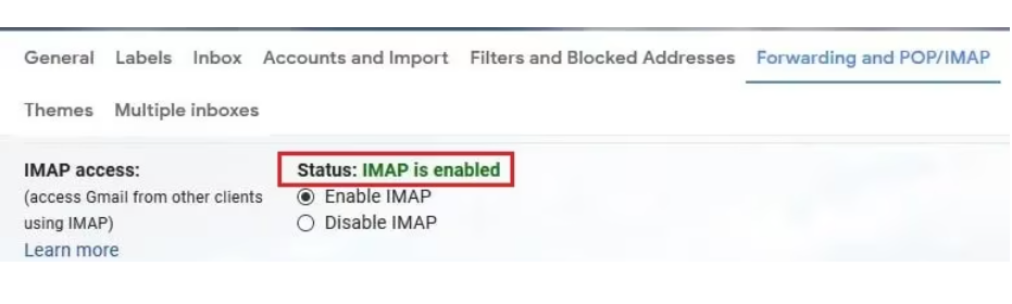 status IMAP is enabled