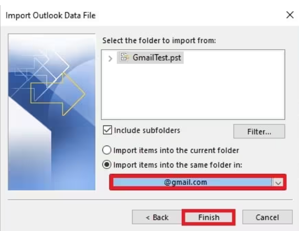 click finish to import pst to gmail