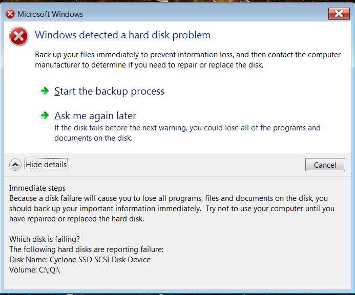 Windows Detected A Hard Disk Problem Backup Your Files