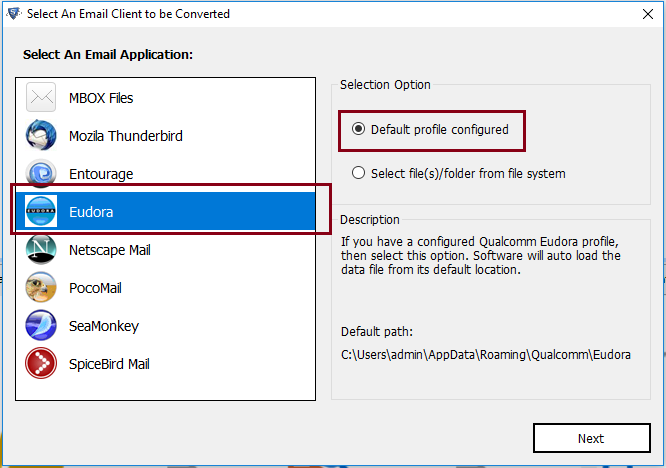 select eudora and auto detect database