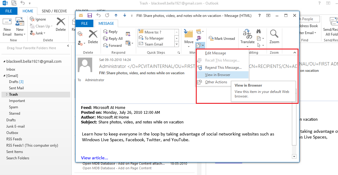 View Outlook Mail in Browser Option