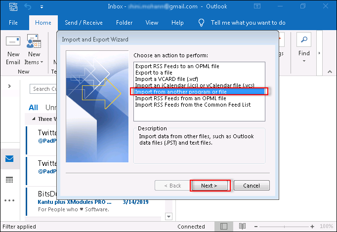 Select Import from another program or file option