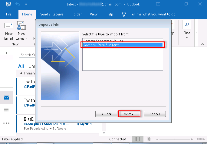 Select Outlook data file .pst option