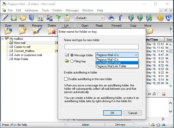 new folder pegasus mail