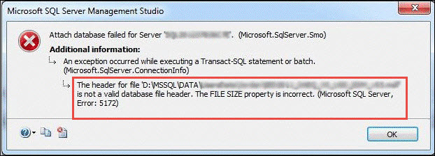 SQL Server Header Error 5172