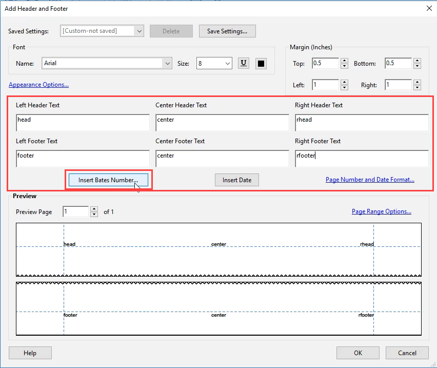 insert bates numbers option