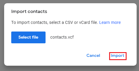 Press the Import button and get google contacts from excel format