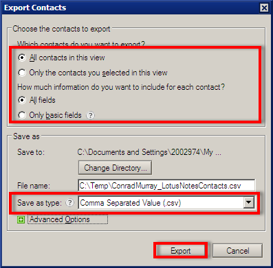 export HCL Notes contacts to MS Outlook