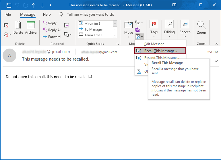 Move Ribbon - Recall Email Message in Outlook