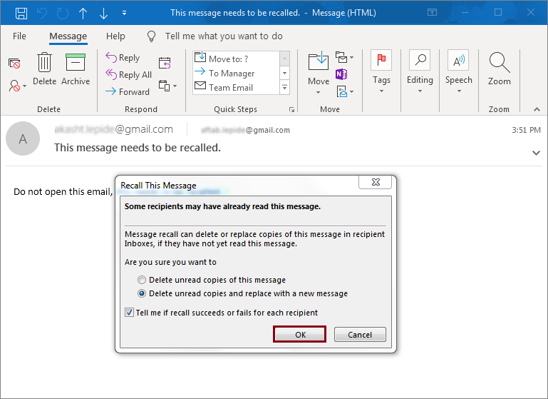 2 Option to Recall Email Message in Outlook 2019, 2016, 2013