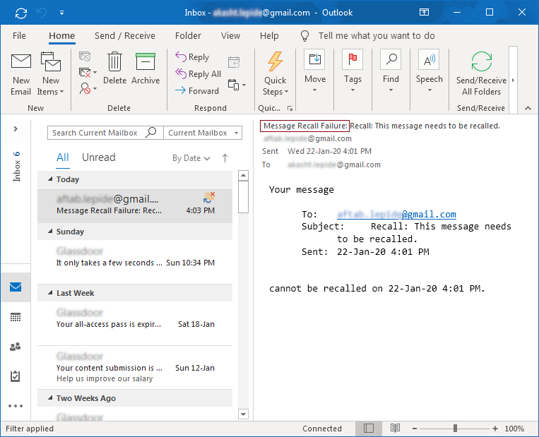 how do i recall an email in outlook 2020