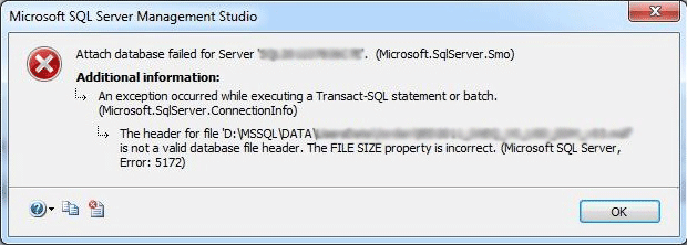SQL Server Header Error 5172