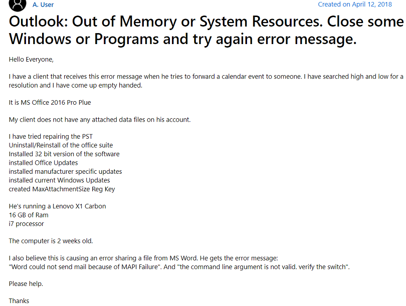 Outlook Out of Memory or System Resources