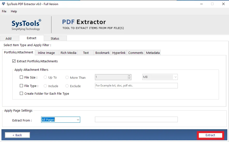 Press on the Extract option to start the PDF extraction.