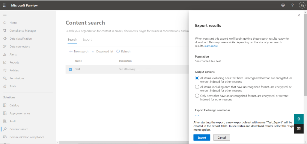 click export to export office 365 mailbox