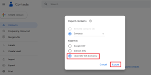 select the export type (vCard)