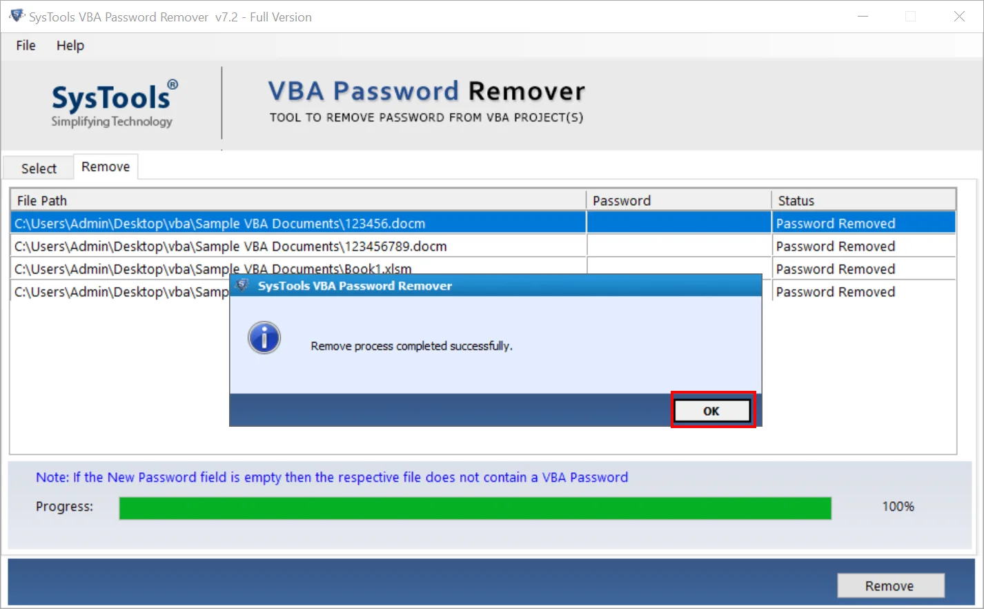 remove the password of the added VBA file