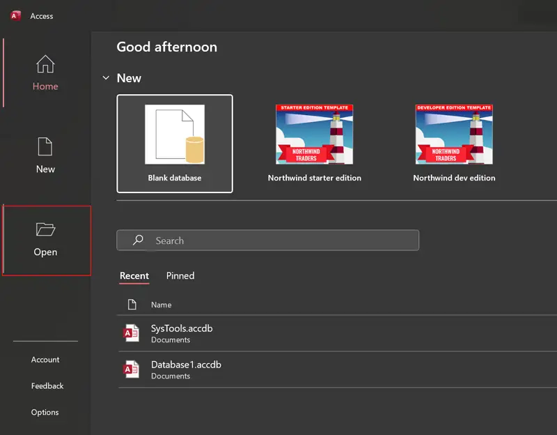 Start MS Access and choose Open