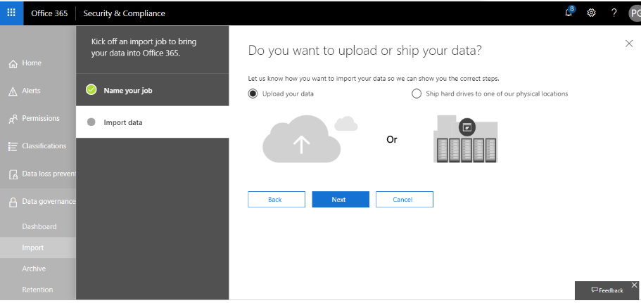 upload data to import pst to office 365 by network upload