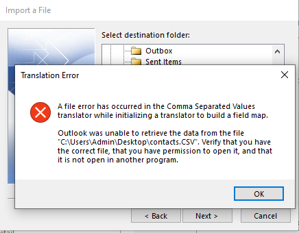 outlook export error