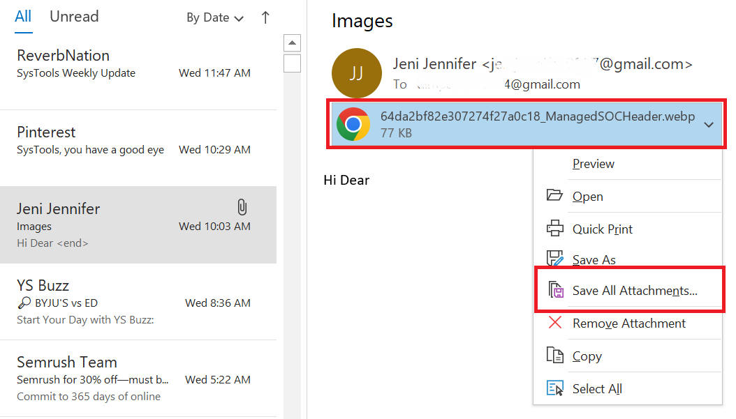 retrieve attachment from outlook