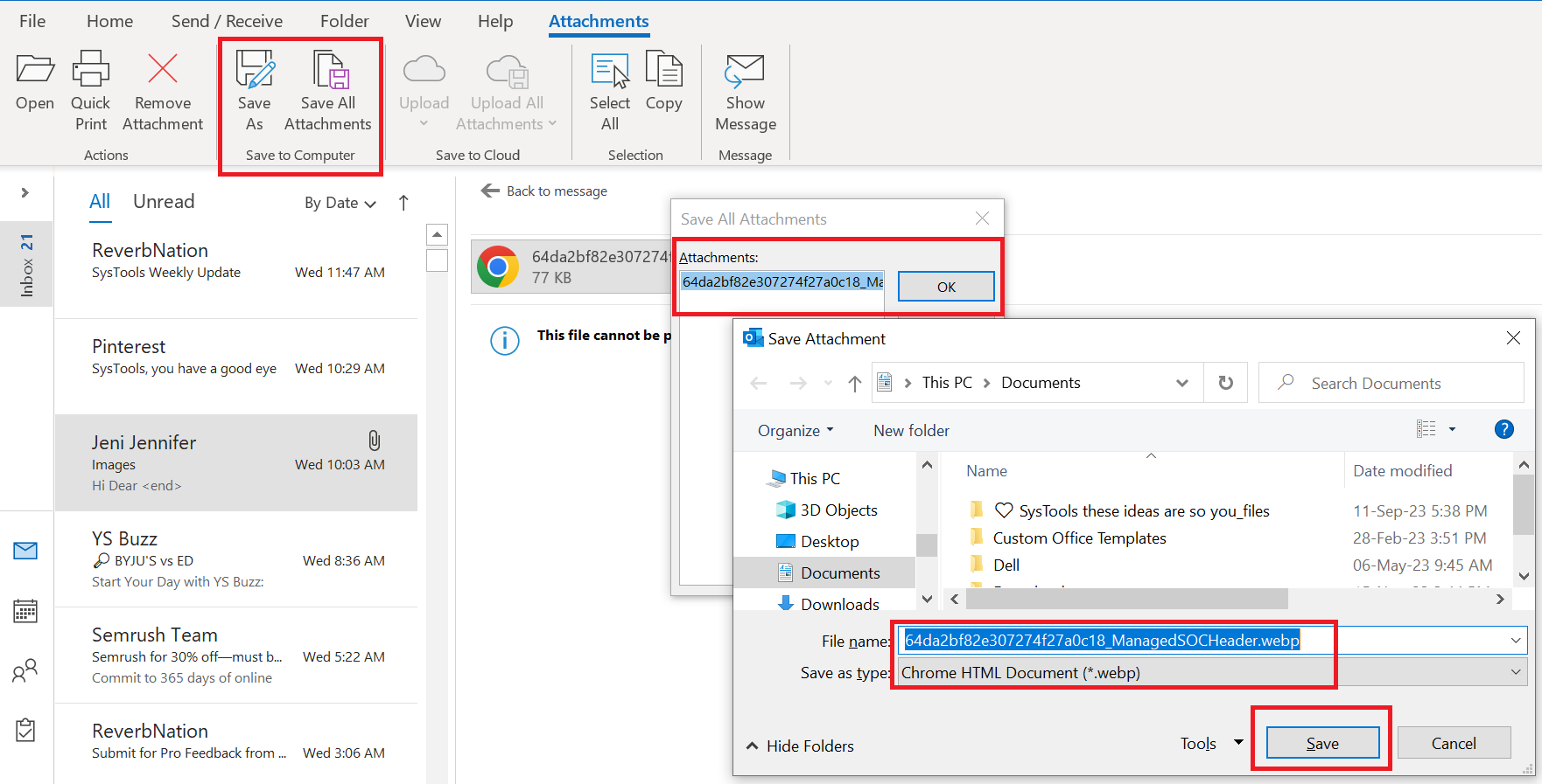 save to Extract Attachments from PST File