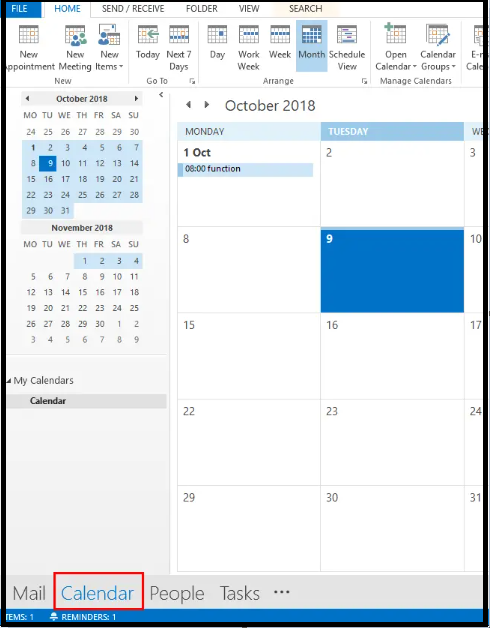 Choose Calendar to import pst calendar to office 365