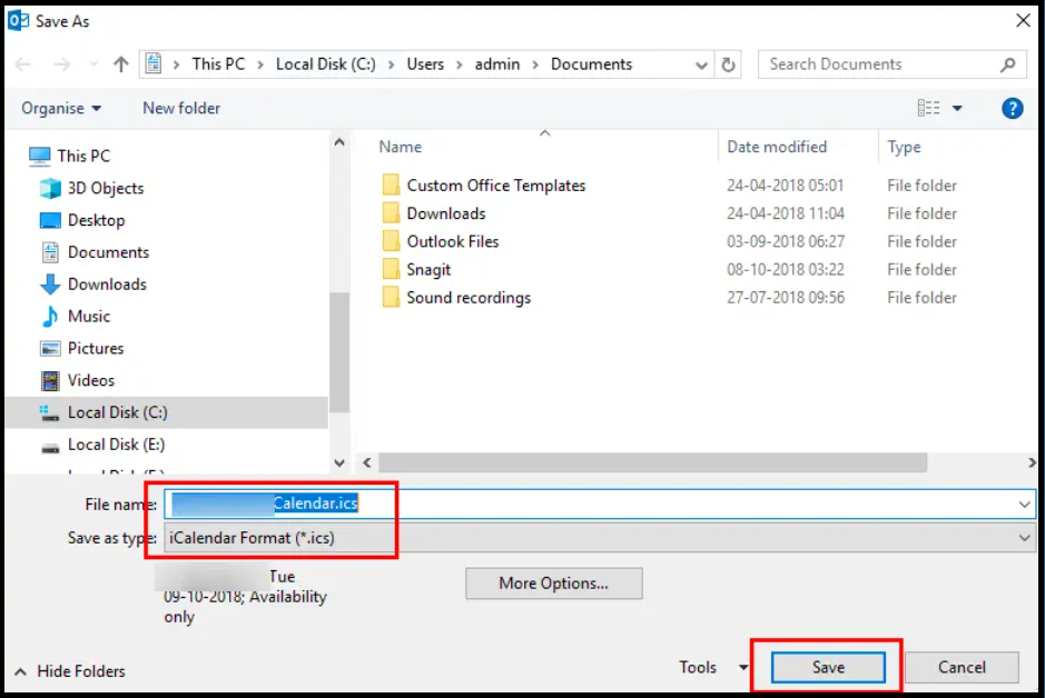 Save calendar data to import ics into outlook 365