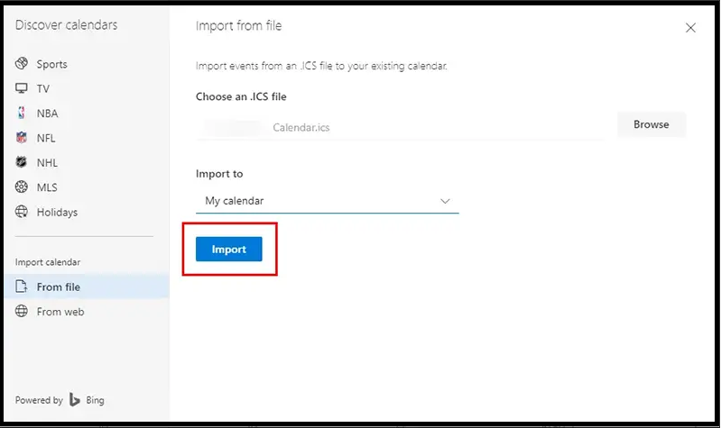 Click on the Import button to import ics into office 365 