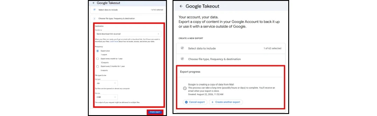 Google Takeout export Creation