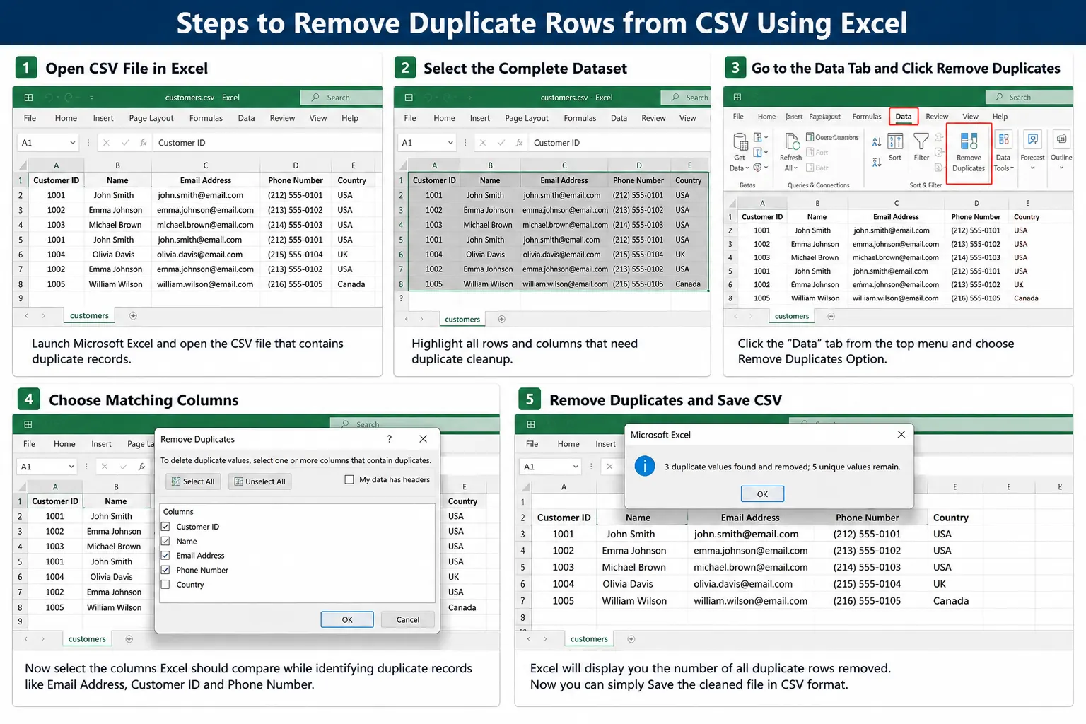 Remove Duplicate Rows from CSV Using Excel