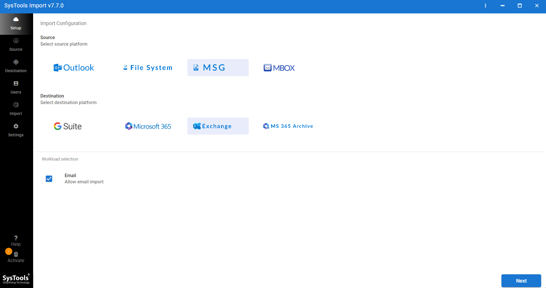 launch MSG to Exchange Migration Tool