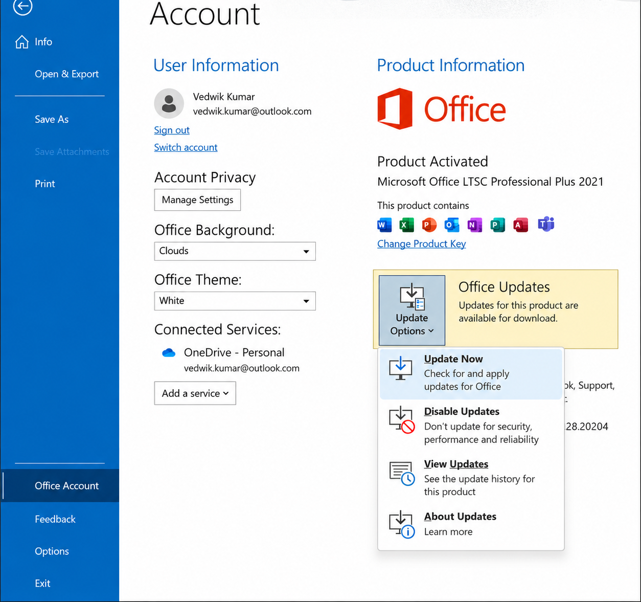 Open the Outlook application. Go to “File”. Click “Office Account”. Under “Product Information", click “Update Options”. Select “Update Now”. Allow Microsoft 365 to download and apply the pending patches.
