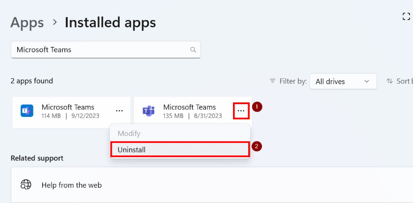 Open Windows Settings. Click “Apps” >> Locate "Microsoft Teams". Click Uninstall.