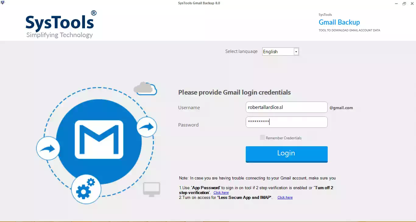 Login to Gmail account backup Software