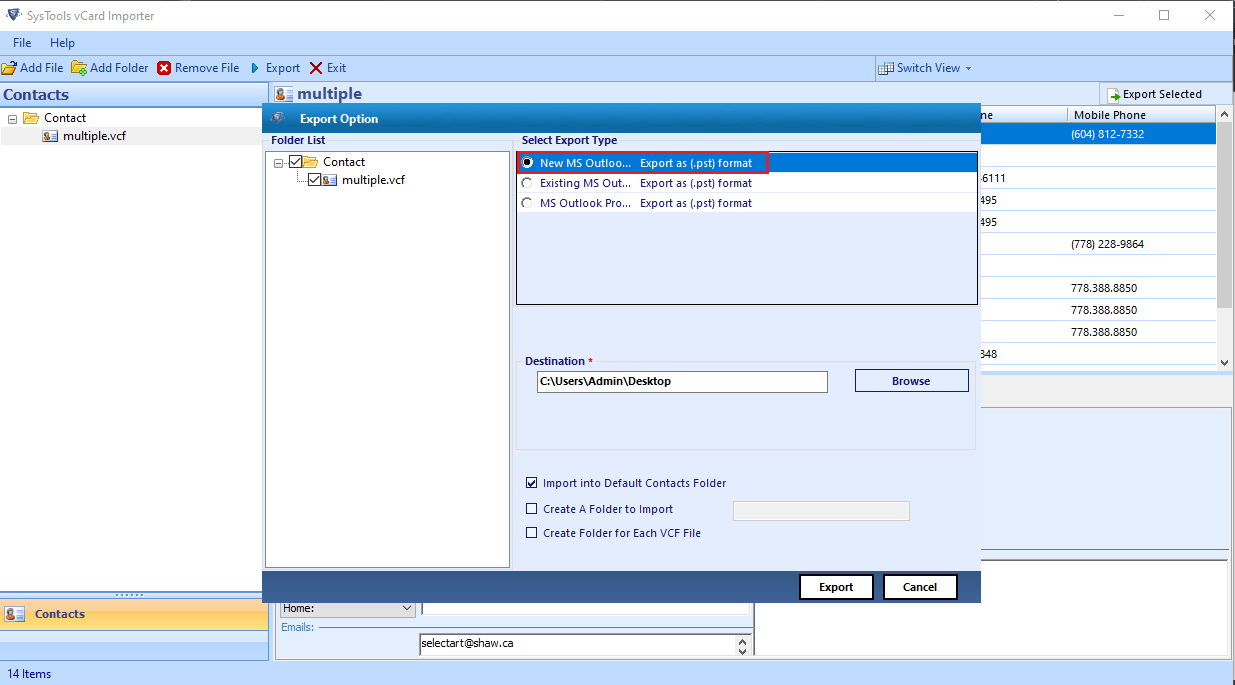 vcf to pst freeware
