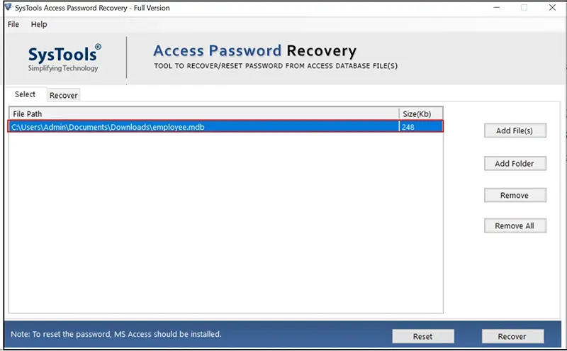 Select database to recover Access password