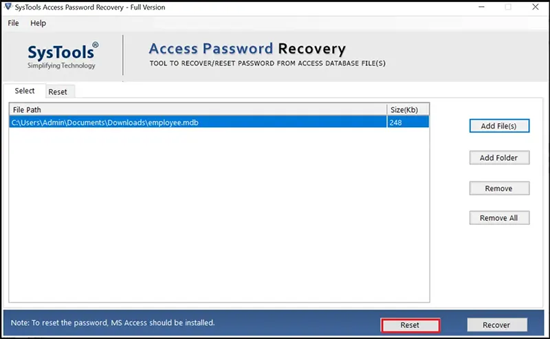 How to reset Access database password