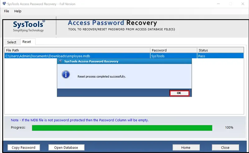 Reset MS Access database password completed