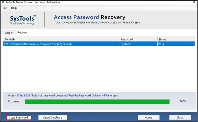 Copy password to unlock MS Access database