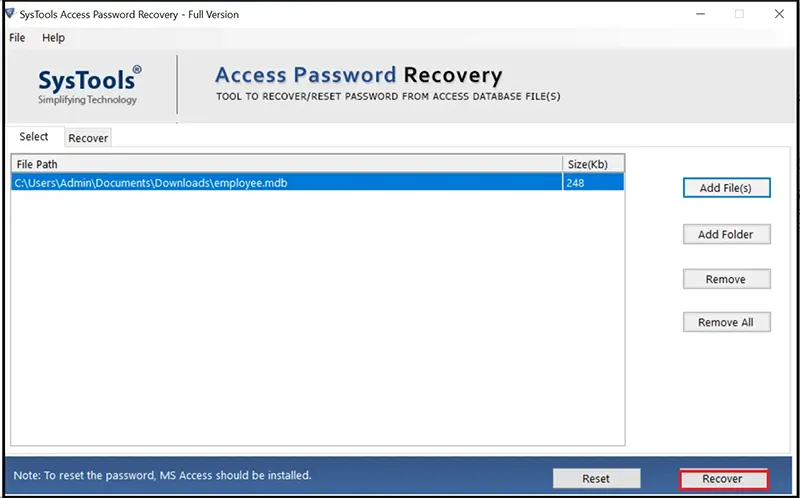 Click Recover to open password protected Access database