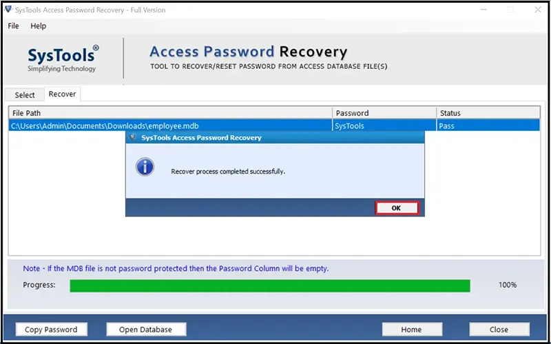 Decrypt password access database