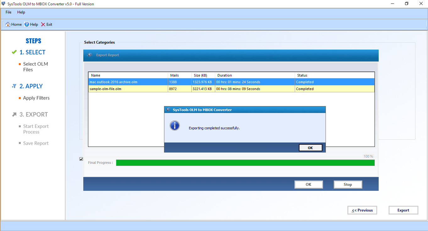 OLM file to MBOX conversion completed